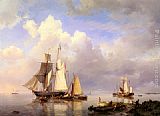 Hermanus Koekkoek Snr Vessels at Anchor in an Estuary with Fisherman hauling up their rowing boat in the Foreground painting